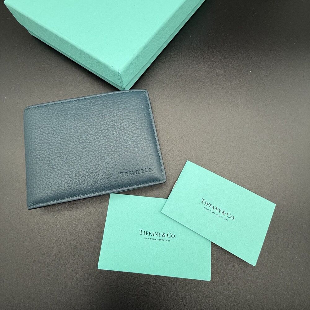 NEW Tiffany & Co. Men’s Grain Leather Bifold Wallet - Pond Blue - Full Set - Picture 6 of 11